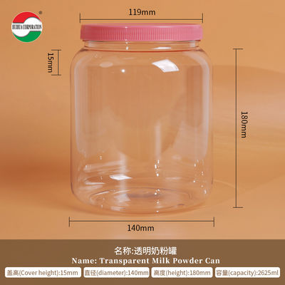 Frascos cilíndricos de plástico transparente para garrafa PET de 2625ML para alimentos, tampa de rosca, leite em pó