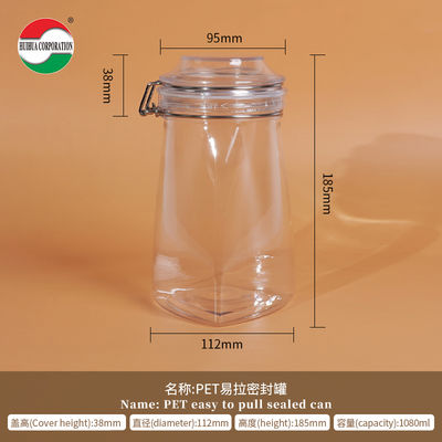 Frasco de plástico PET transparente de 1080ML, cilindro, potes selados para alimentos, tampa, solução de armazenamento