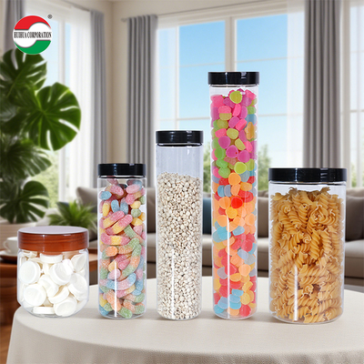 Cilindro de plástico transparente de qualidade alimentar, pote de plástico PET com tampa de rosca para doces macios, biscoitos e macarrão