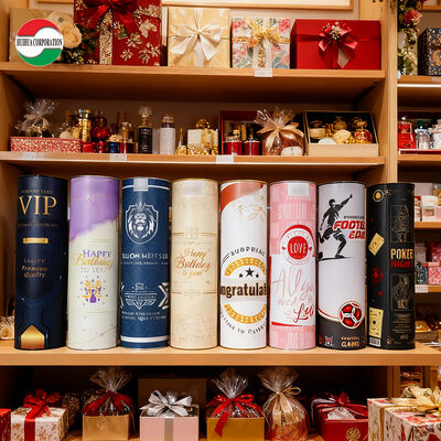 Caixa de papel cilíndrica ecológica premium por atacado com tampa de metal para garrafa de vidro de vinho biodegradável tubo de papel kraft lanche