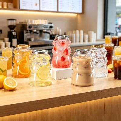 Pote de plástico PET de grau alimentício e lata de bebida com tamanho personalizável e tampa de fácil abertura para suco e iogurte